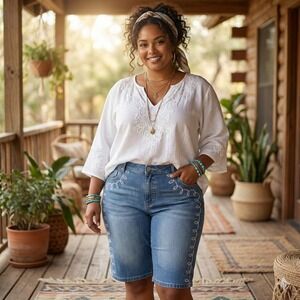 U-51 Women Denim Jean Bermuda Shorts 20 Embroidered Rhinestone Y2K Artsy Stretch